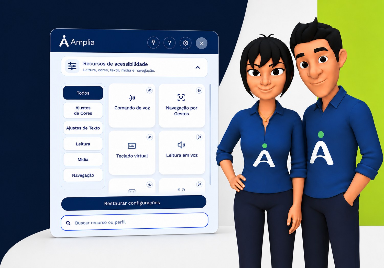 Painel de acessibilidade Amplia e personagens da plataforma