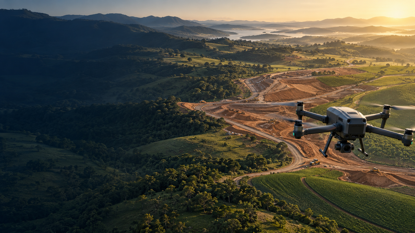 Drone sobre uma área em levantamento